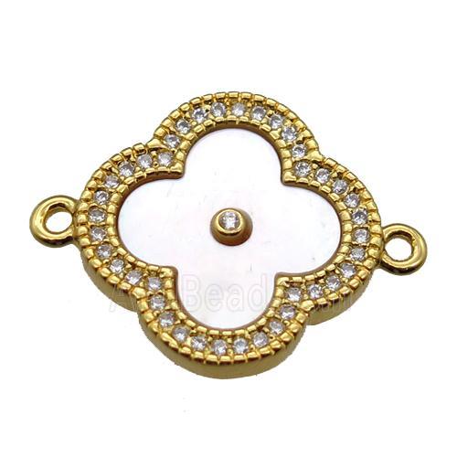 white pearlized shell clover connector with copper pave zircon, gold plated