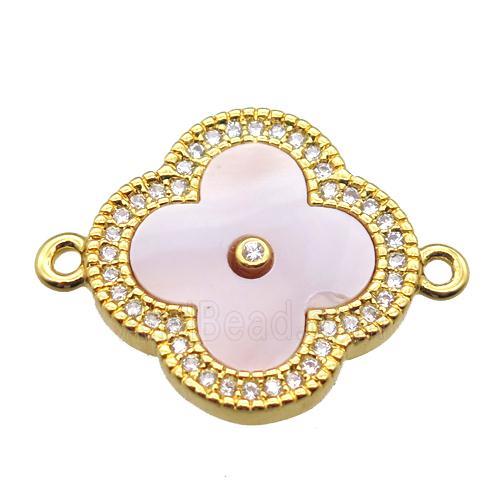 pink Queen shell clover connector with copper pave zircon, gold plated