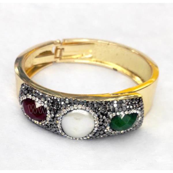 white Pearl cuff bracelet with jade pave rhinestone, alloy, gold plated