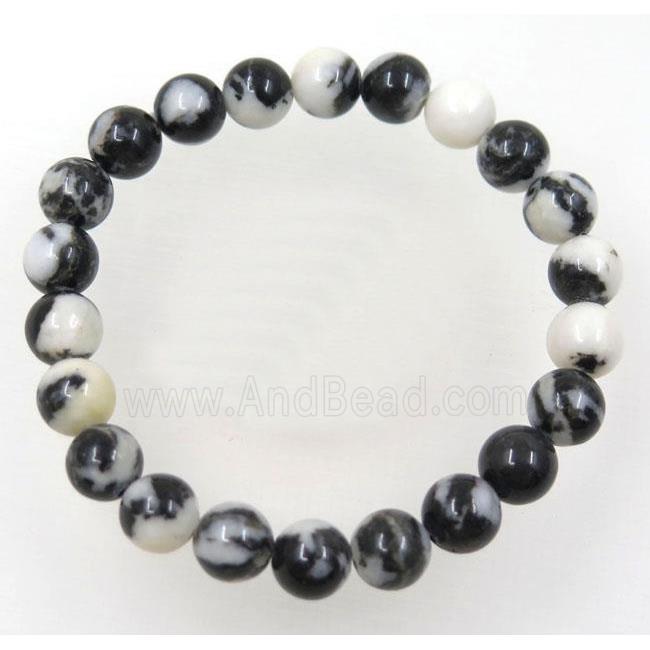black Zebra Jasper beads bracelet, round, stretchy