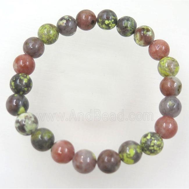 pink plum blossom jasper beads bracelet, round, stretchy