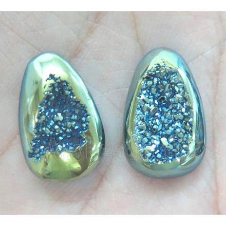 druzy agate cabochon, teardrop, green electroplated