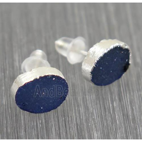 blue Druzy agate earring studs, 925 silver plated