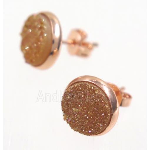 gold-champagne druzy agate earring studs, rose gold