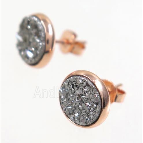silver druzy agate earring studs, rose gold