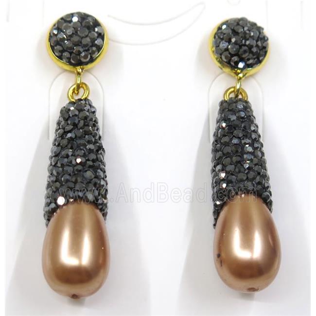 gold champagne pearl shell earring pave rhinestone