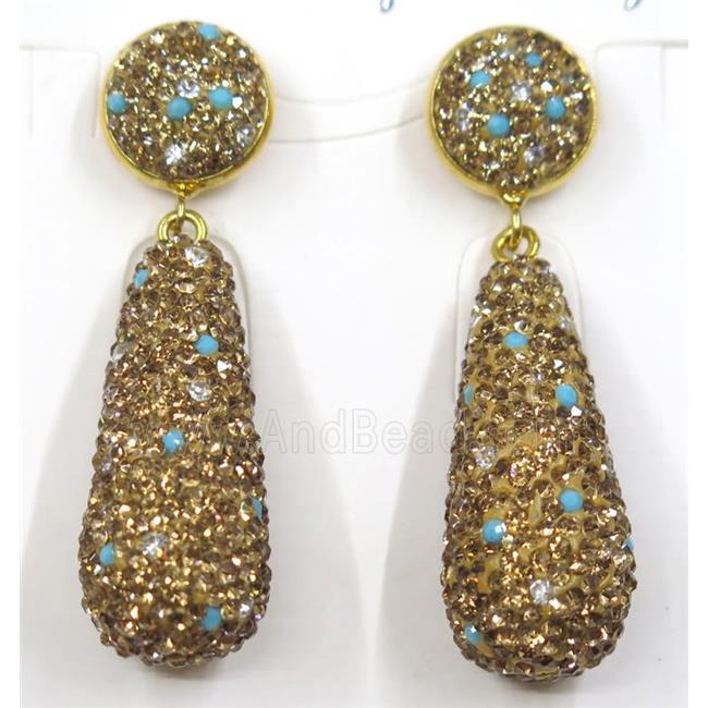 resin earring pave white yellow rhinestone, teardrop