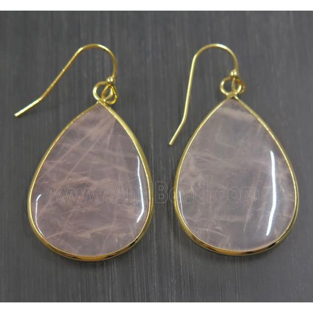 pink Rose Quartz Earring, teardrop, gold plated