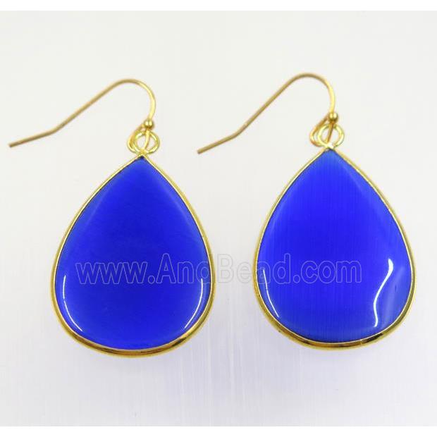 blue glass Earring, teardrop, gold plated