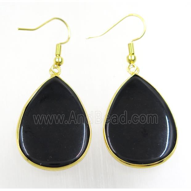 black glass Earring, teardrop, gold plated