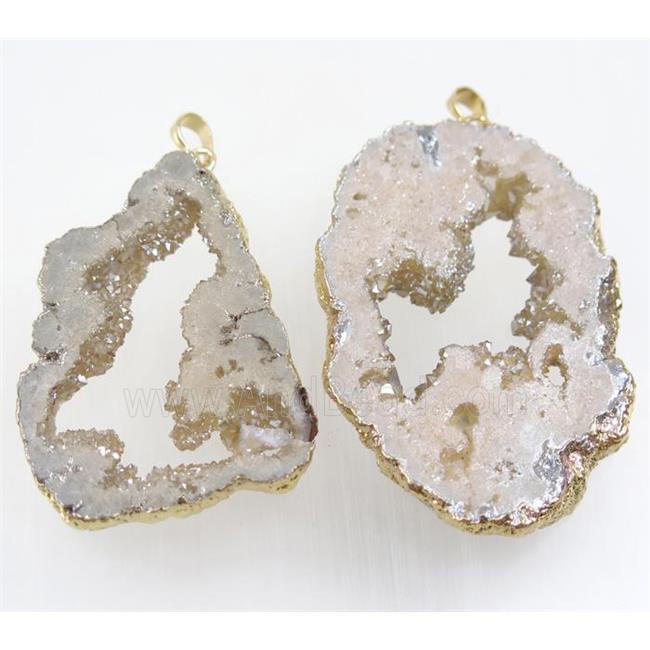lt.gold-champagne Druzy Agate slice pendant, freeform, gold plated