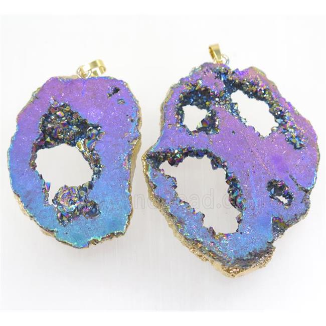 rainbow Druzy Agate slice pendant, freeform, gold plated