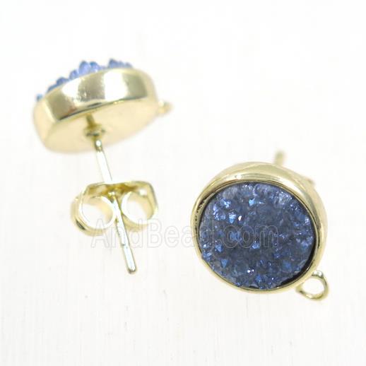 gray-blue druzy quartz earring studs, flat-round, gold plated