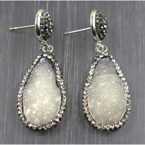 white Druzy quartz earring paved rhinestone, teardrop