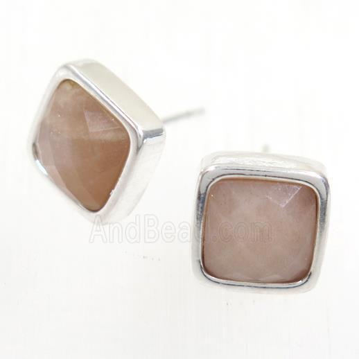 peach Moonstone earring studs, square, platinum plated