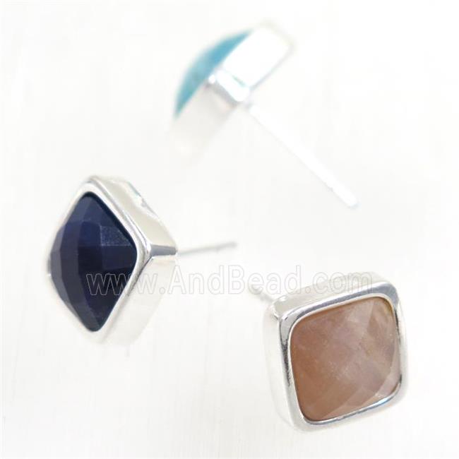 mixed gemstone earring studs, square, platinum plated