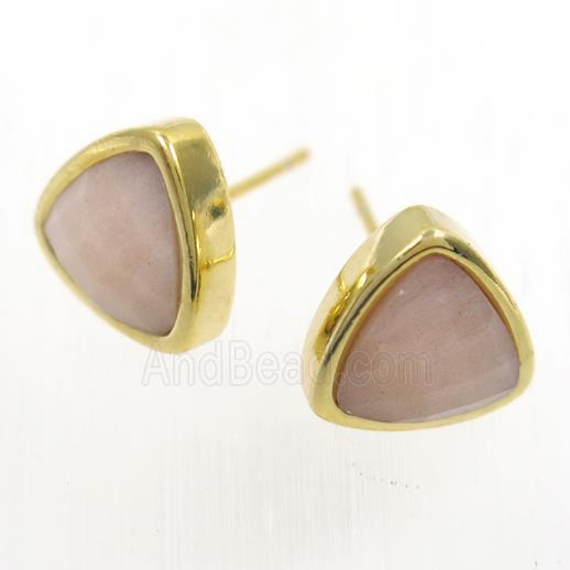 peach MoonStone earring studs, triangle, gold plated