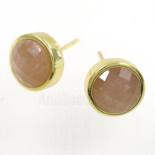peach MoonStone earring studs, circle, gold plated