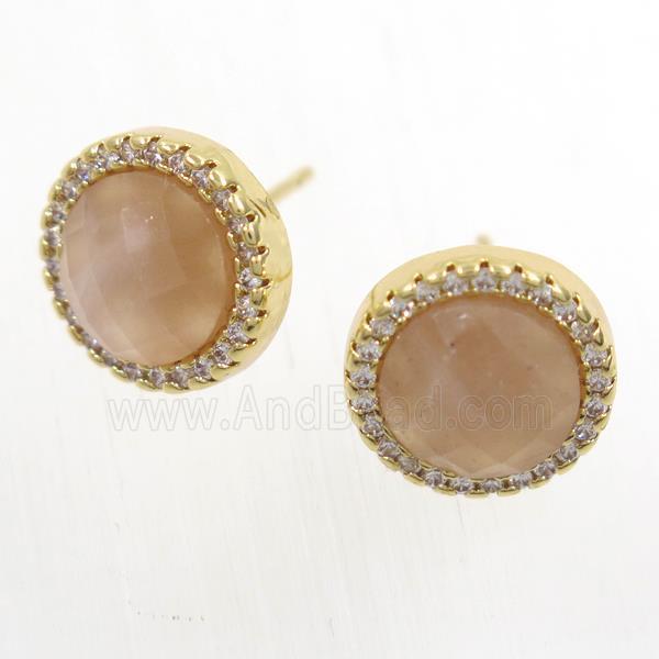 peach MoonStone earring studs paved zircon, circle, gold plated