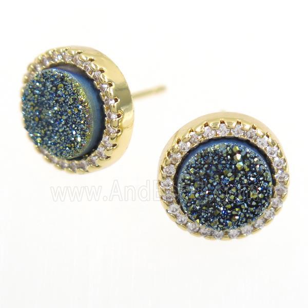 green Druzy Quartz earring studs paved zircon, circle, gold plated