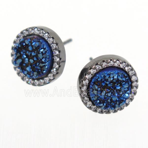 blue Druzy Quartz earring studs paved zircon, circle, black plated