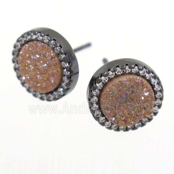gold champagne Druzy Quartz earring studs paved zircon, circle, black plated