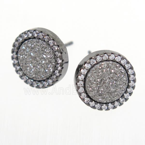 silver Druzy Quartz earring studs paved zircon, circle, black plated