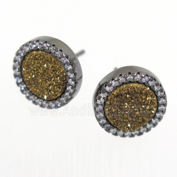 gold Druzy Quartz earring studs paved zircon, circle, black plated