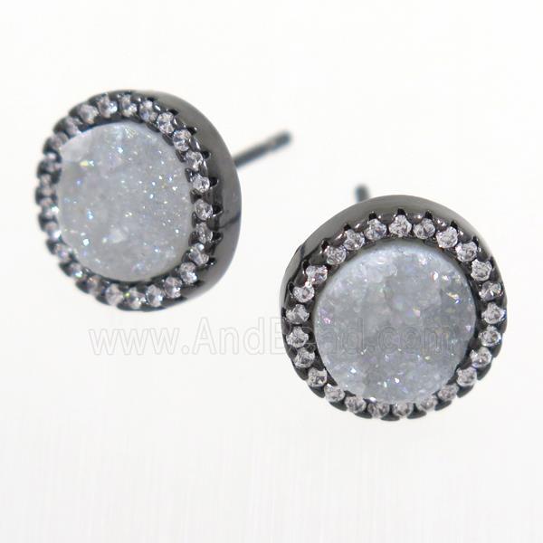 white AB-color Druzy Quartz earring studs paved zircon, circle, black plated