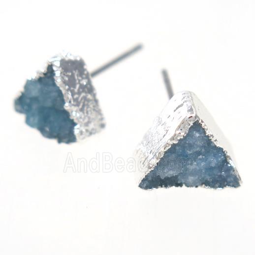 blue druzy quartz earring studs, triangle, silver plated