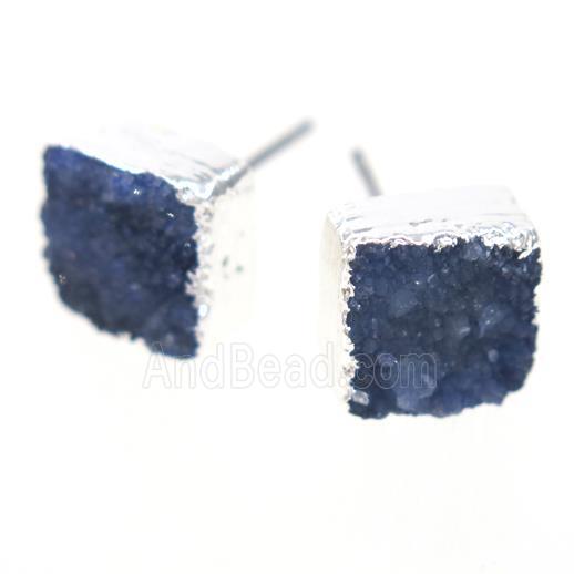blue druzy quartz earring studs, square, silver plated