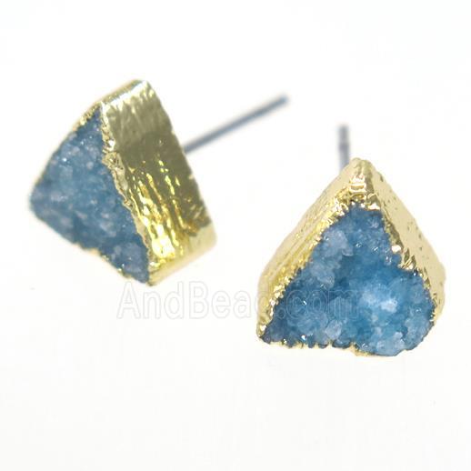 blue druzy quartz earring studs, triangle, gold plated