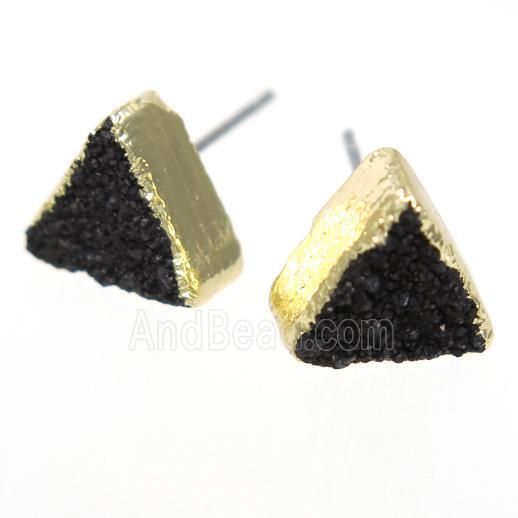 black druzy quartz earring studs, triangle, gold plated