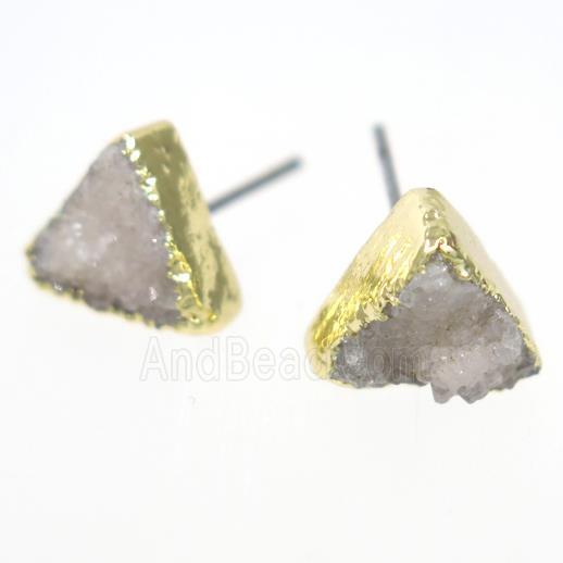 white druzy quartz earring studs, triangle, gold plated