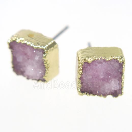 pink druzy quartz earring studs, square, gold plated