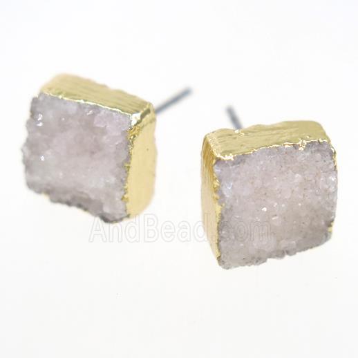 white druzy quartz earring studs, square, gold plated