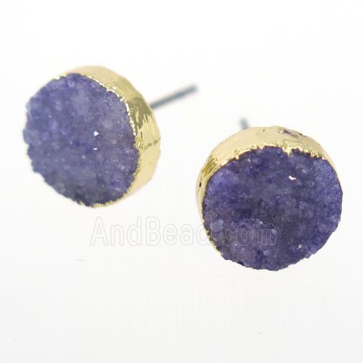 purple druzy quartz earring studs, circle, gold plated