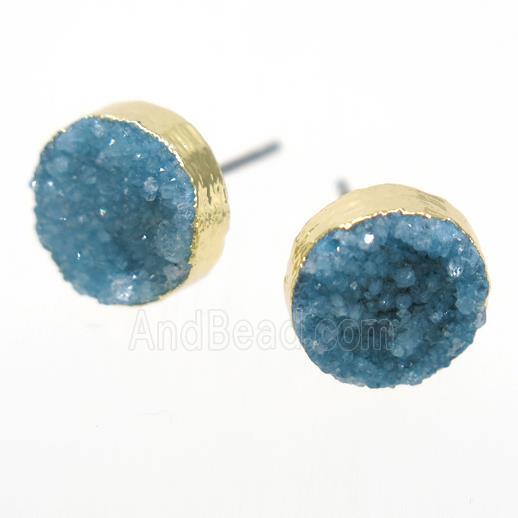 blue druzy quartz earring studs, circle, gold plated