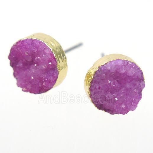 hotpink druzy quartz earring studs, circle, gold plated