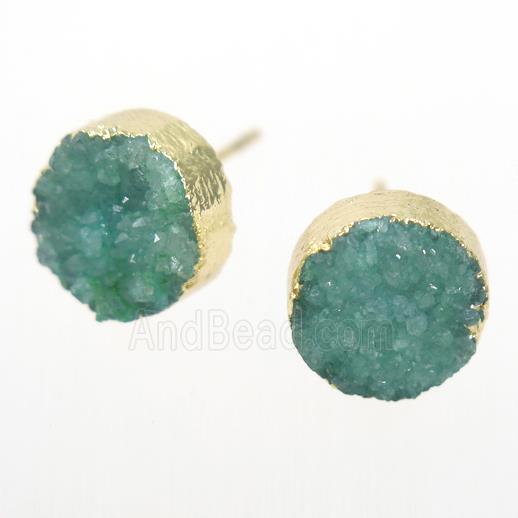 green druzy quartz earring studs, circle, gold plated