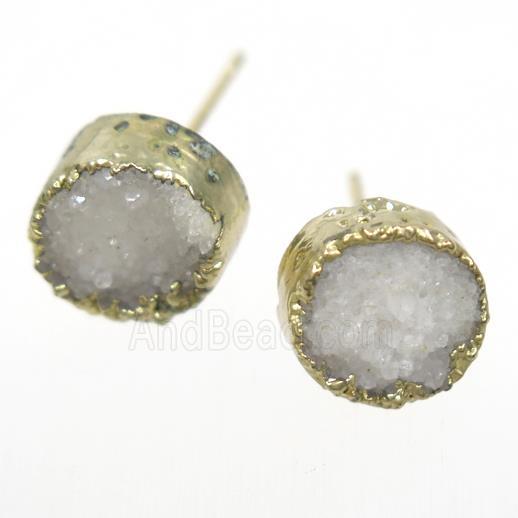 white Druzy quartz earring studs, circle, gold plated