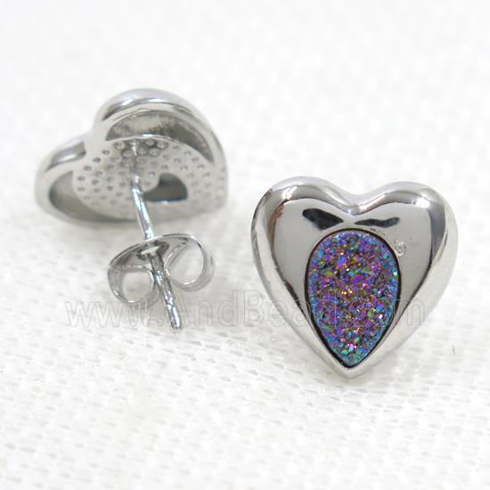 rainbow druzy quartz earring studs, heart, platinum plated