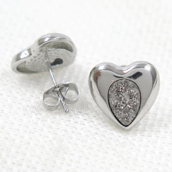 silver druzy quartz earring studs, heart platinum plated