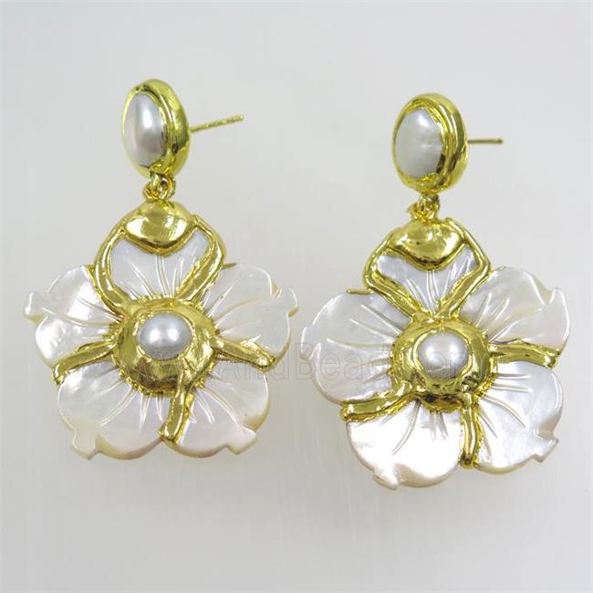 pearlized shell flower earring, 24k gold plated