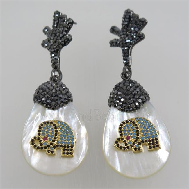 white Shell Earring pave rhinestone elephant