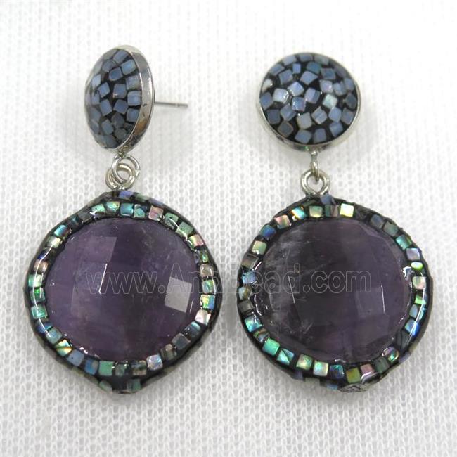 purple amethyst earrings pave abalone shell, circle