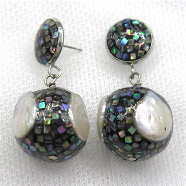 white Pearl Earrings paved abalone shell, round