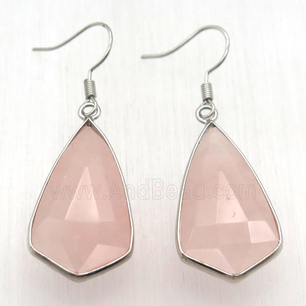 Rose Quartz teardrop Hook Earring, platinum plated