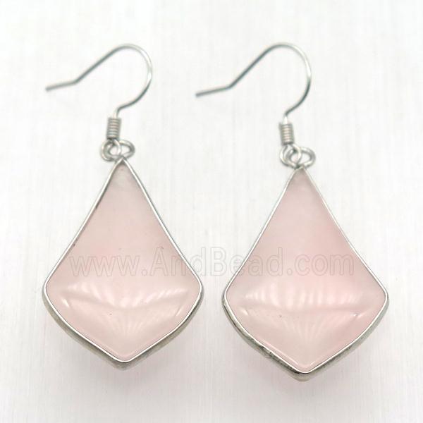 Rose Quartz teardrop Hook Earring, platinum plated