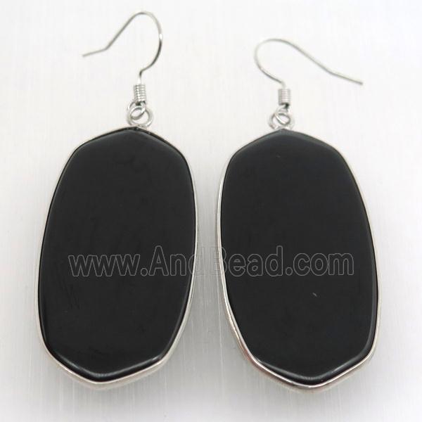 black cat eye glass oval Hook Earring, platinum plated